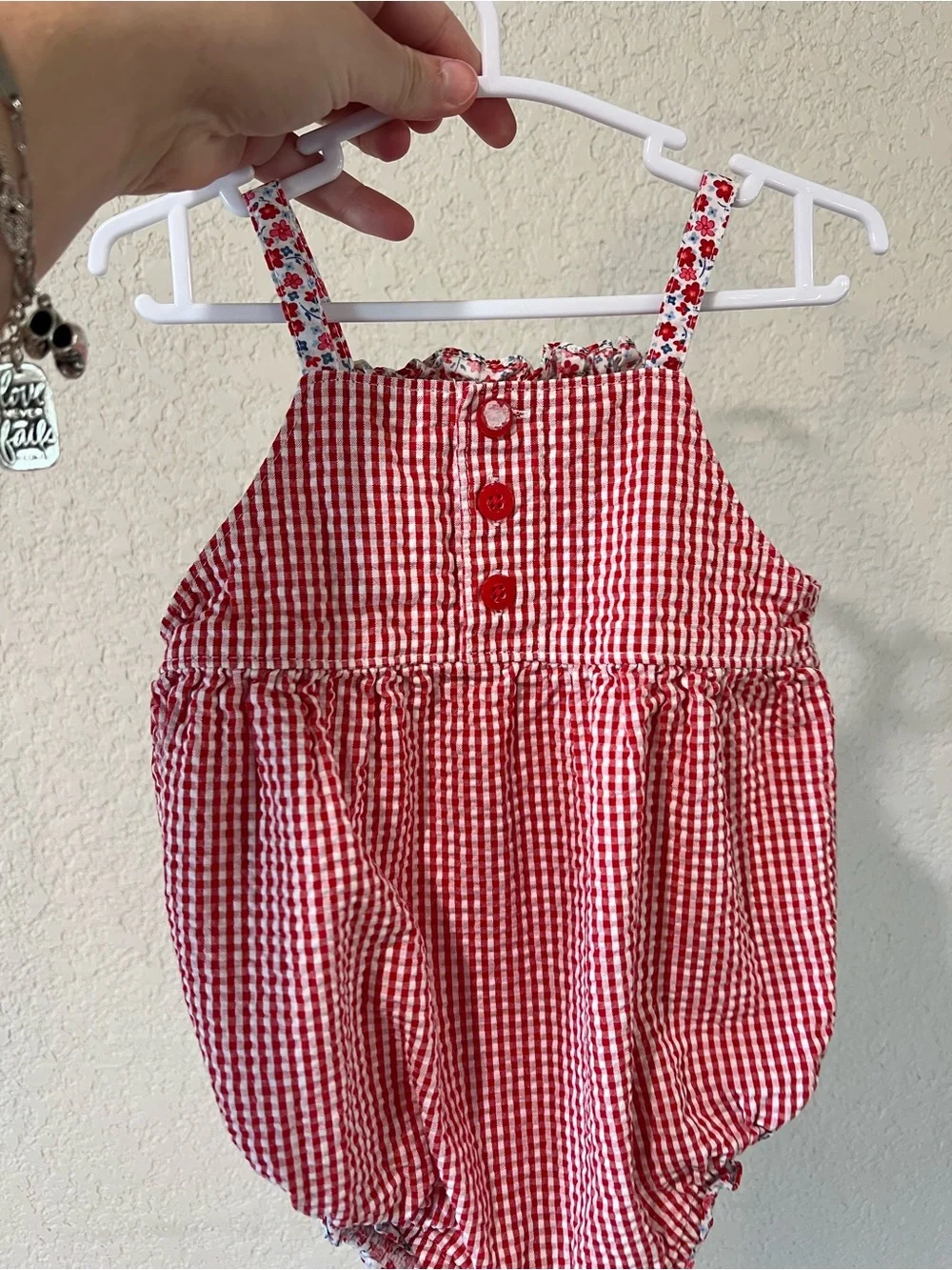 OshKosh B'gosh Red and White Gingham Baby Romper with Floral Straps